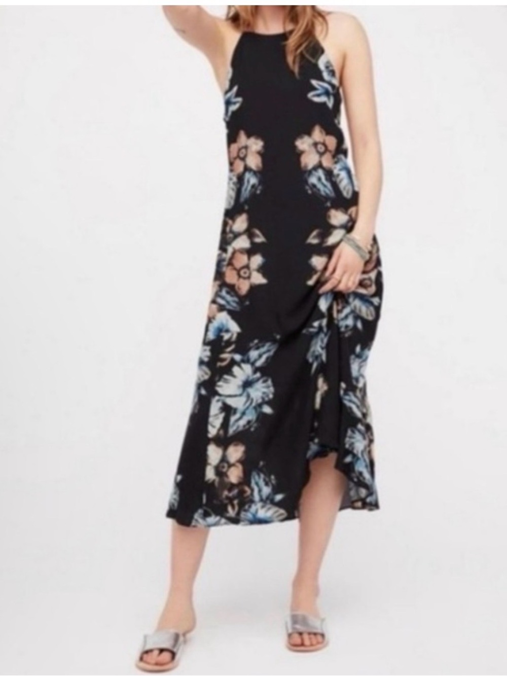 Free People Womens Black Floral Back to You Halter Racerback Midi Dress GUC #926